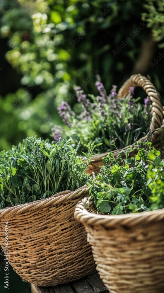 Hand-picked herbs in woven baskets capture the essence of traditional, natural harvesting methods during a bright afternoon in a lush garden Hand-picked herbs in woven baskets capture the essence of traditional, natural harvesting methods during a bright afternoon in a lush garden