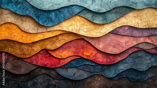 Multicolored rock layers forming abstract geological landscape, revealing earthen crackled texture of natural stratification and intricate patterns