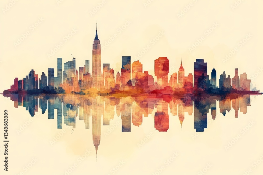 Obraz premium Colorful skyline reflection of New York City at sunset with vibrant hues and iconic architecture viewed across calm water