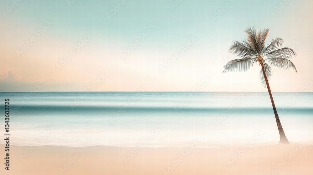 Obraz premium Tranquil shoreline scene with a single palm tree, smooth waters, and soothing sky tones.