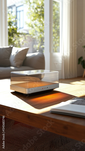 Wallpaper Mural A small box sits on a wooden table in a living room. The box is made of glass and has a light inside. The room is well-lit and has a cozy atmosphere Torontodigital.ca