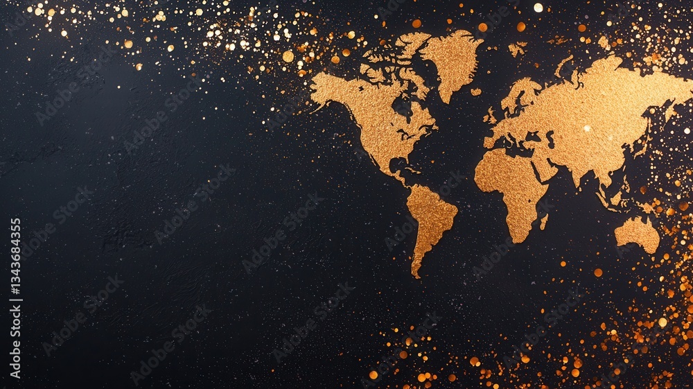 Obraz premium Illuminating world map glowing golden against starry night sky, symbolizing international connectivity and global networking