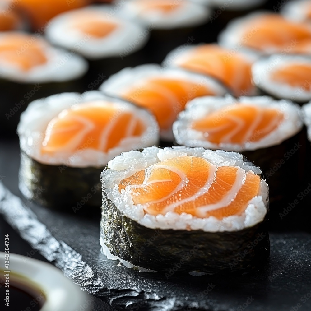 Sushi with salmon, a close-up photo of delicious sushi made from fresh fish on the table, Sushi with salmon, a close-up photo of delicious sushi made from fresh fish on the table,