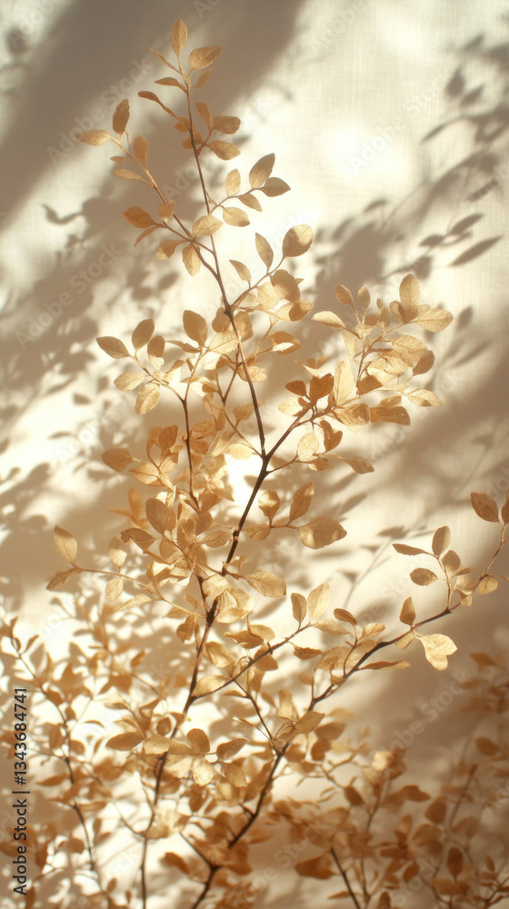 Naklejka premium A tree with leaves that are brown and yellow. The leaves are casting a shadow on the wall
