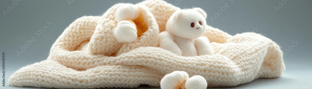White teddy bear nestled in soft wool. White teddy bear nestled in soft wool.