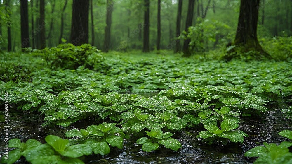 Fototapeta premium Lush green forest floor after rain.