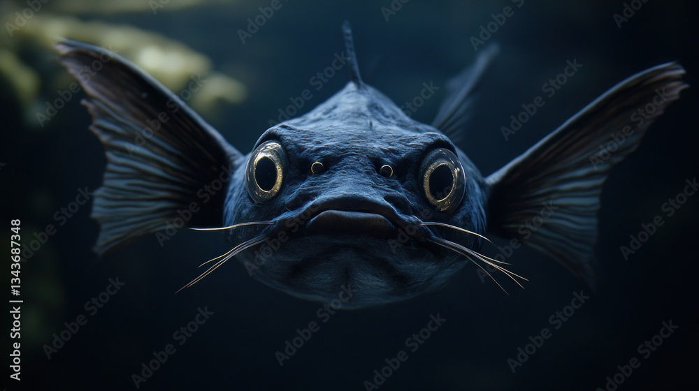 A close-up of a dark-colored fish with prominent eyes and whiskers in an aquatic environment.