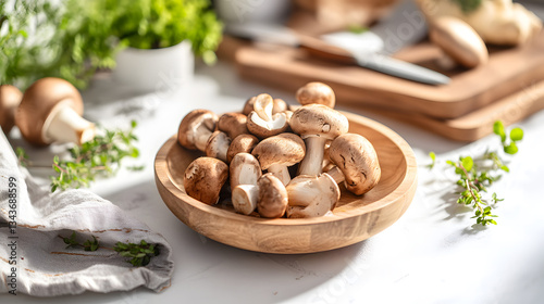 Braune Champignons in einer Holzschale  
 photo