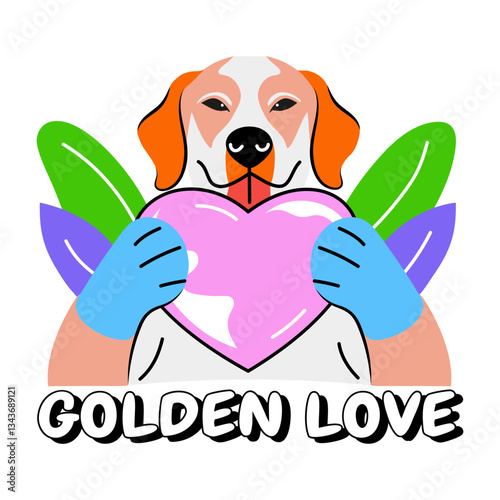 A flat style sticker of a lovely dog with golden love typography