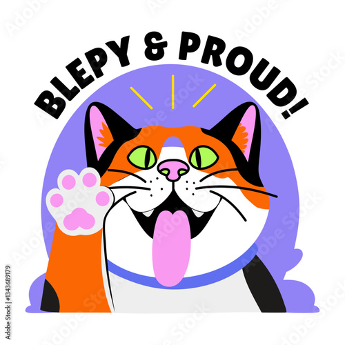 Flat style sticker of a cat paw with bleepy and proud typography
