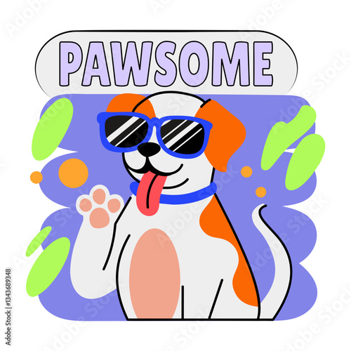 A flat style sticker of a cool dog with awesome typography