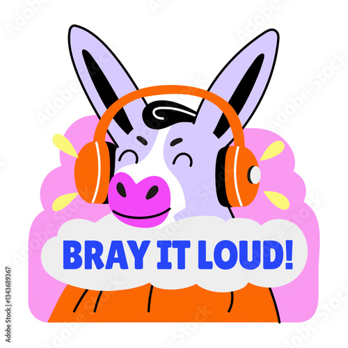 A flat style sticker of a donkey listening music