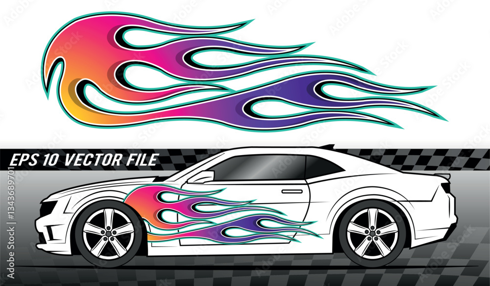 Obraz premium Burning tires and flame sports car decal vinyl sticker. Racing car speed fire flames vector art graphic. Side decoration for car, auto, truck, boat, suv, motorcycle.