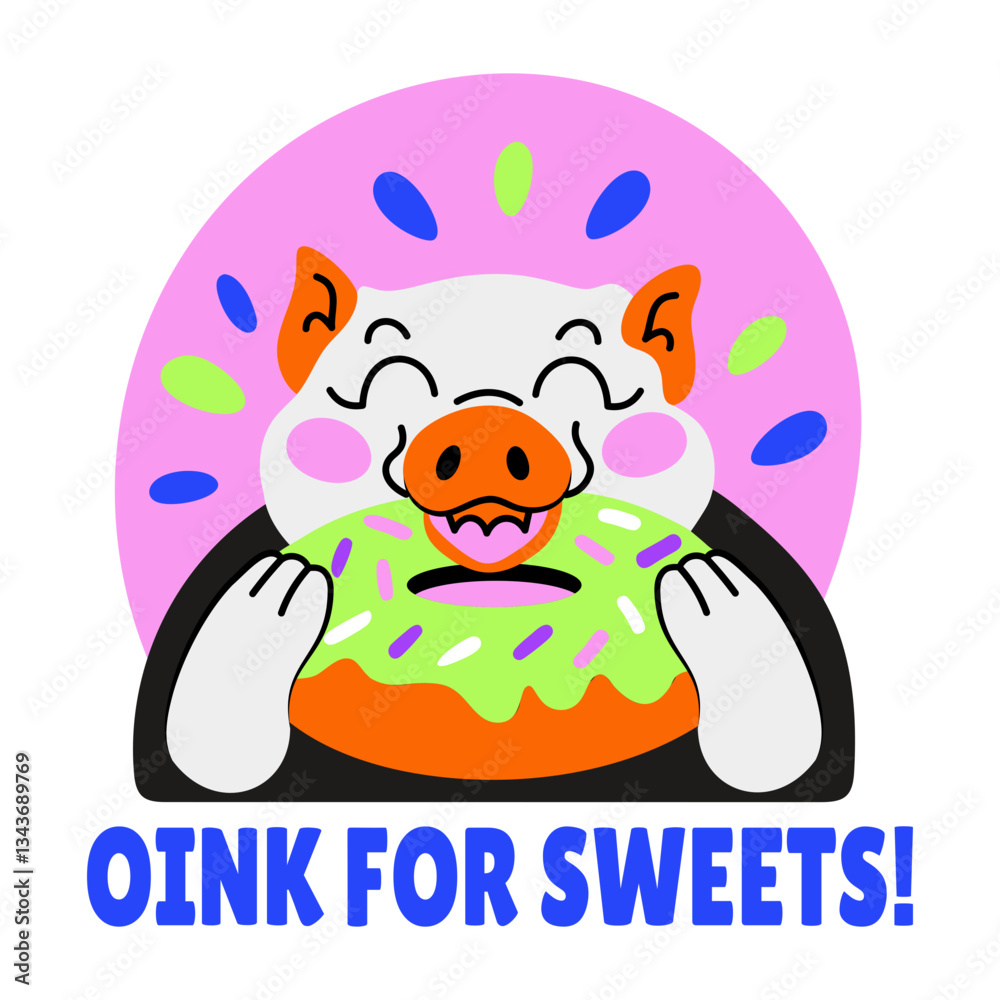 Pig eating a donut with oink for sweets typography, flat style sticker Pig eating a donut with oink for sweets typography, flat style sticker