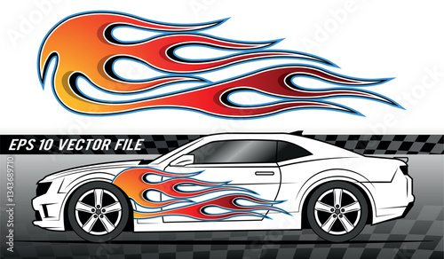 Fire flames racing car decal vector art graphic. Burning tire and flame sports car body side vinyl decal. Side speed decoration for cars, auto, truck, boat, suv, motorcycle.