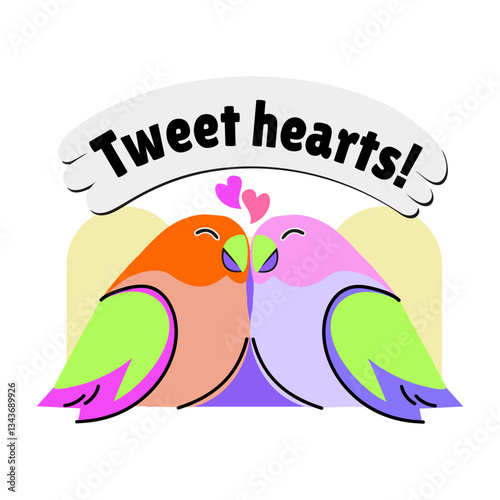 A flat sticker of cute birds with tweet hearts typography