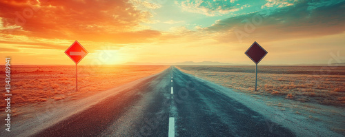 A road with two signs, one pointing to the right and the other to the left. The road is empty and the sky is orange and pink