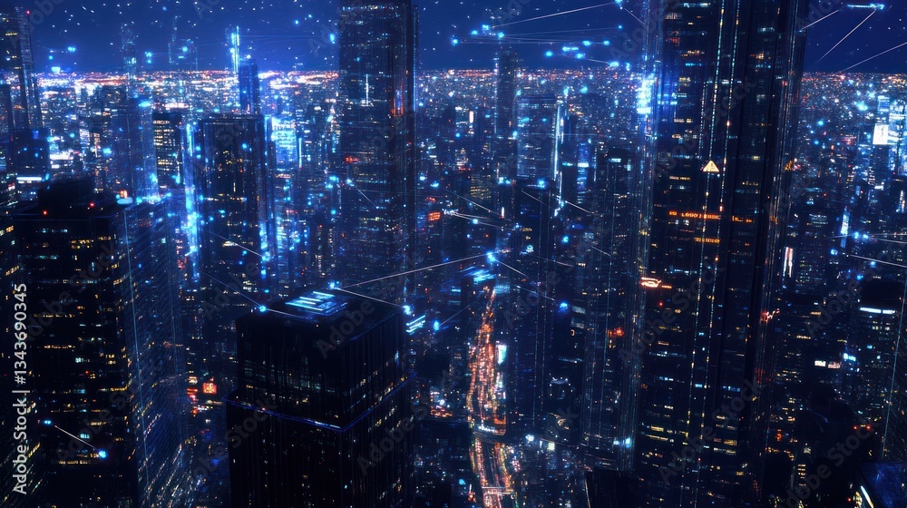 Futuristic city at night, interconnected buildings, glowing lines, aerial view, stock photo Futuristic city at night, interconnected buildings, glowing lines, aerial view, stock photo