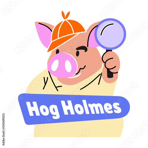 Flat style sticker of a detective pig with hog holmes typography