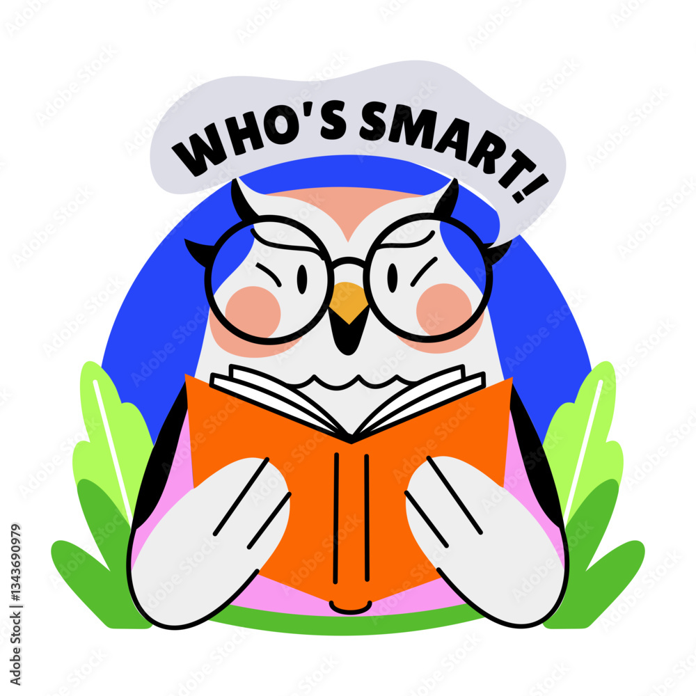 Obraz premium Flat sticker of an owl reading a book with whos smart typography
