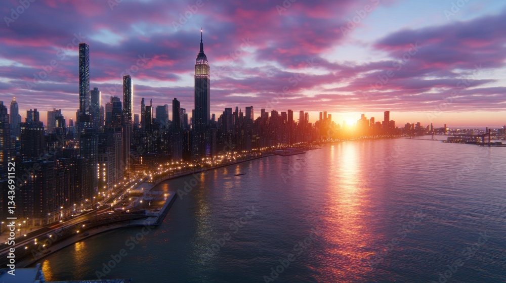 Obraz premium Stunning sunset over a cityscape, showcasing a vibrant purple and orange sky reflecting on calm water. Modern skyscrapers and city lights are visible along the shoreline.