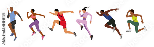 Set of diverse people Jogging, running. Active healthy lifestyle. Sportsman, athlete exercising, taking part in competition, marathon, workout. Flat vector illustration on transparent background.