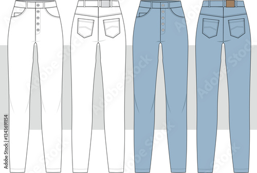 Slim fit, high waist denim technical drawing vector, women boho style skinny jean with button. Fashion sketch of pants front and back view. fashion illustration. cad, mockup.