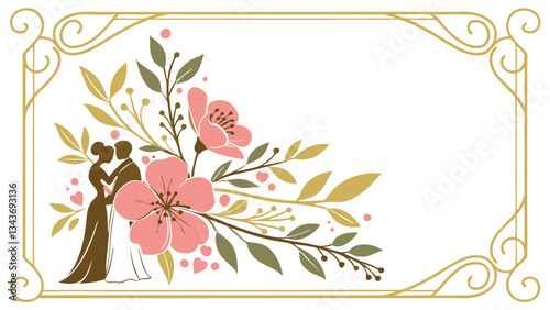 golden wedding frame with watercolor flowers