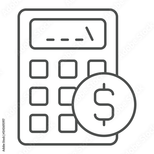 Calculator with dollar coin thin line icon, finance and accounting concept. Vector graphics. Counting money sign on white background, outline style icon for mobile or web design.