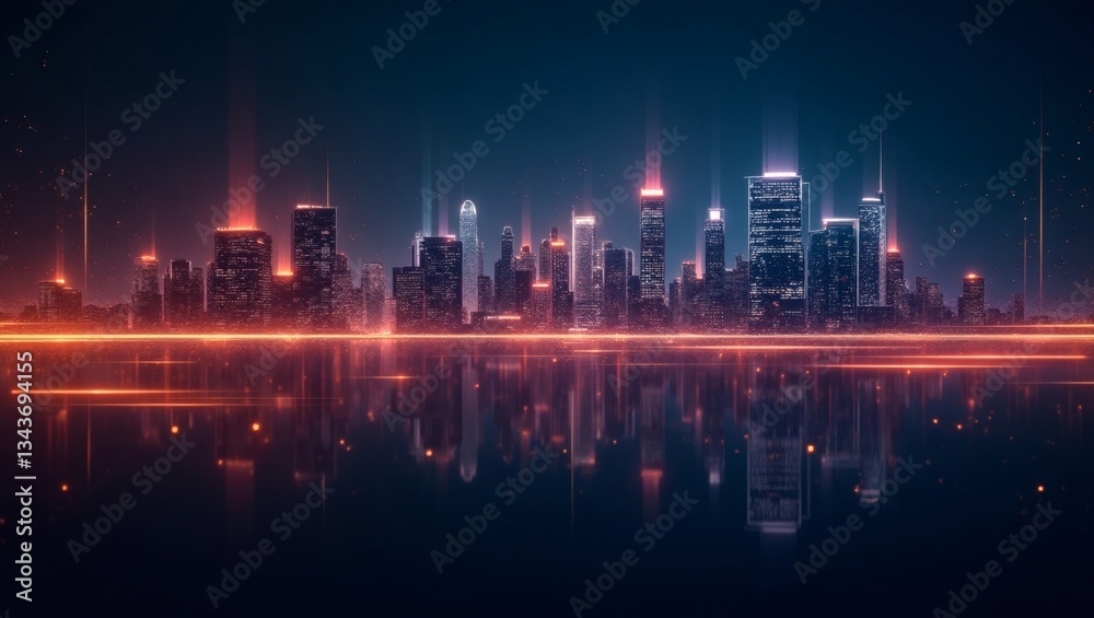 Fototapeta premium a neon-lit cityscape with building reflections in the water, creating a mesmerizing and futuristic scene