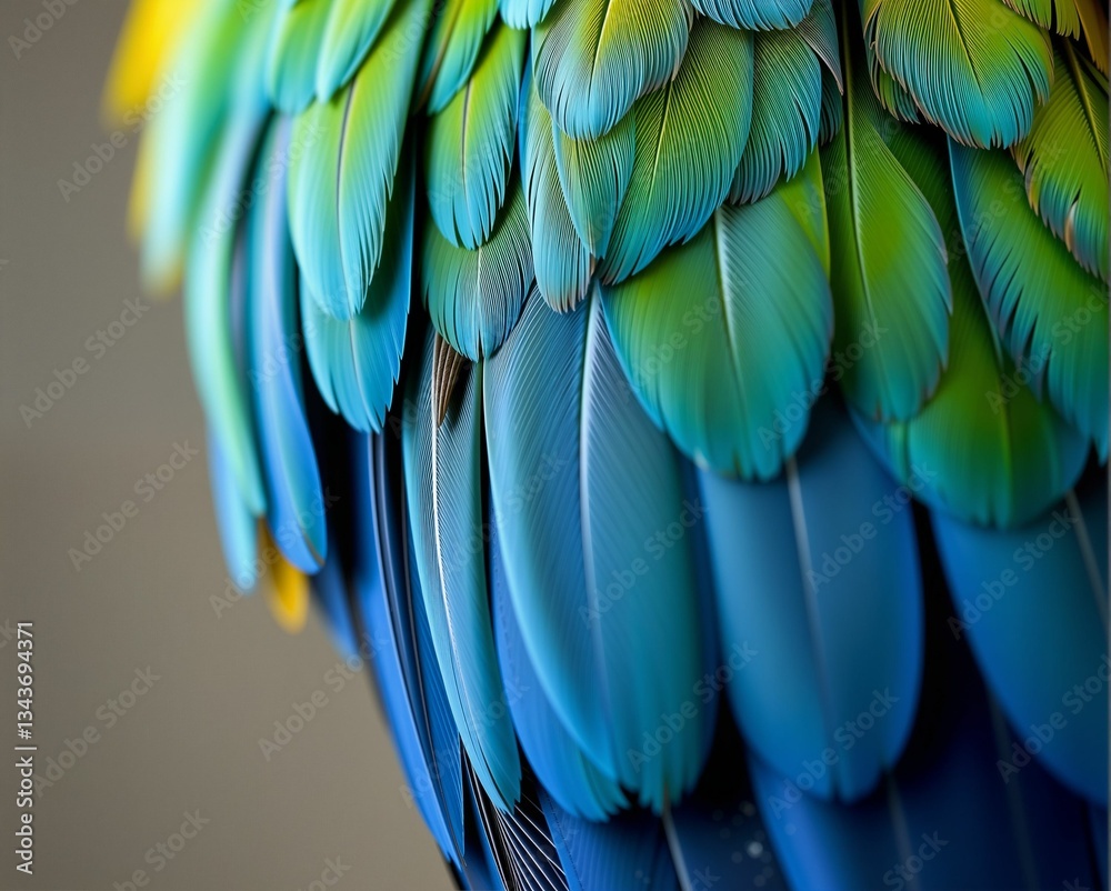 Obraz premium A close-up of vibrant blue and green feathers, showcasing intricate patterns and textures, highlighting the beauty of avian plumage.