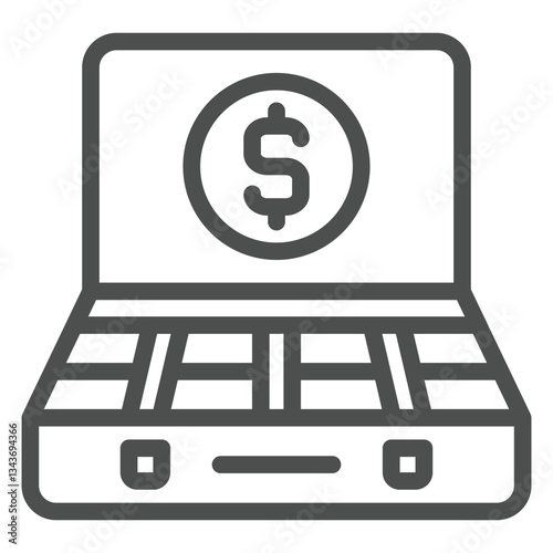 Full of money briefcase line icon, business savings concept. Vector graphics. Portfolio bag with dollar coin cash sign on white background, outline style icon for mobile or web design.