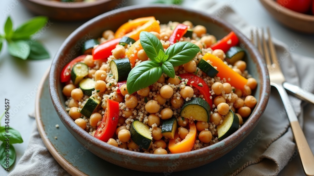 Top-view of a quinoa and roasted vegetable bowl with colorful bell peppers, zucchini, and chickpeas, garnished with fresh basil, served on a rustic ceramic plate with a linen napkin. Top-view of a quinoa and roasted vegetable bowl with colorful bell peppers, zucchini, and chickpeas, garnished with fresh basil, served on a rustic ceramic plate with a linen napkin.