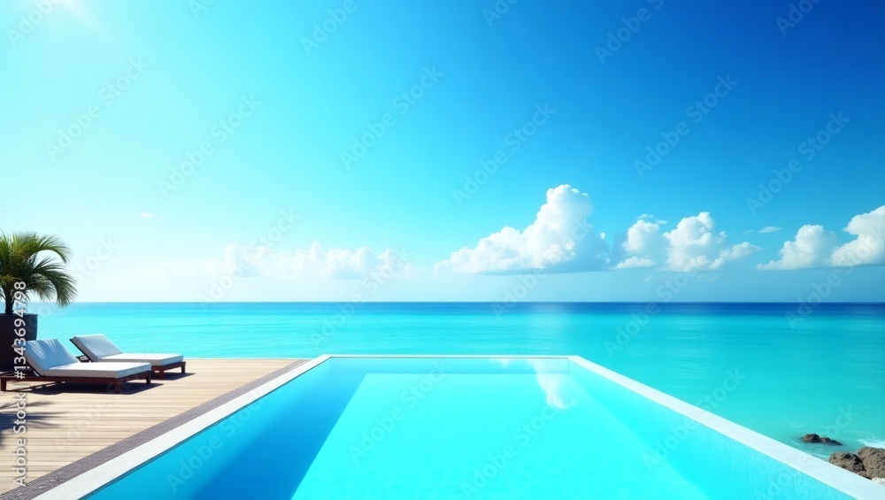Fototapeta premium an inviting pool in the front of the ocean under a bright, blue sky, perfect for a luxurious vacation getaway