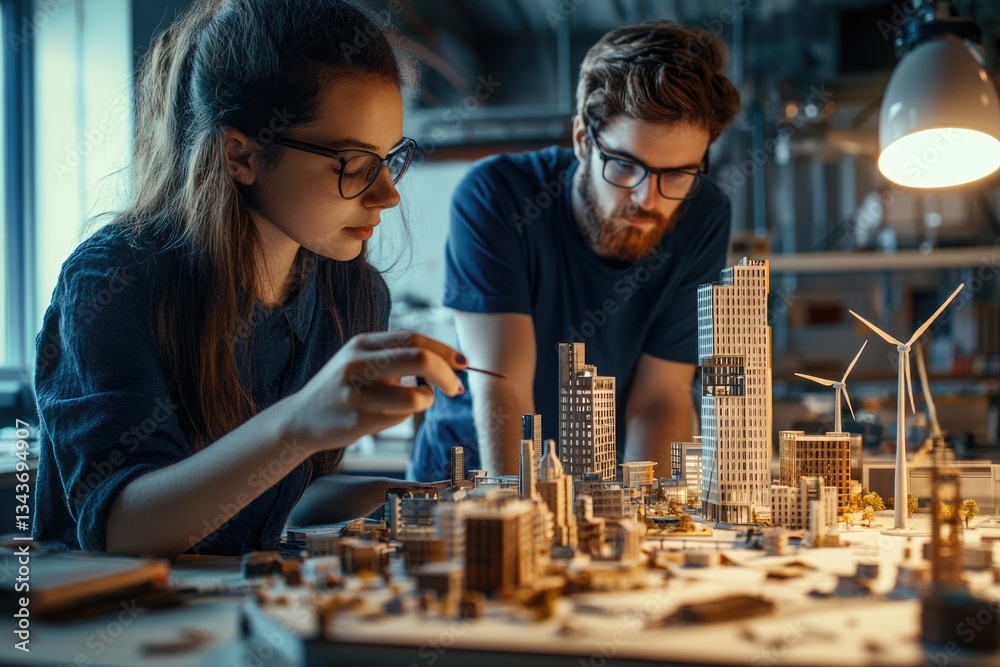 Fototapeta premium Two architects meticulously craft a detailed model of a sustainable city, incorporating wind turbines for clean energy.