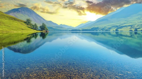 A serene mountain lake reflecting the sky and surrounding hills, bathed in the warm glow of sunset. Seamless looping 4k time-lapse virtual video animation background.
