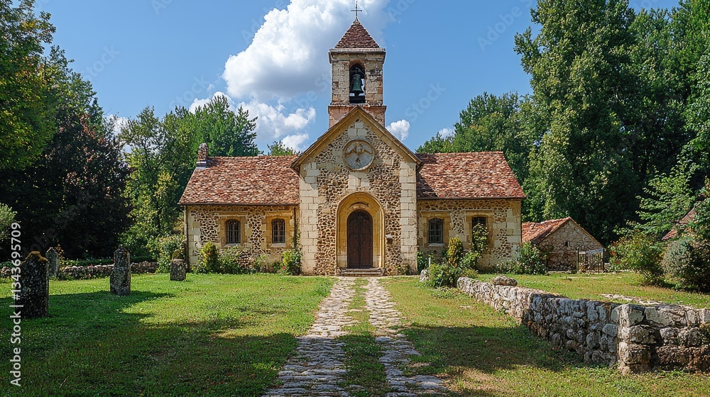 Scenic view of a historic stone church surrounded by lush greenery and blue sky Scenic view of a historic stone church surrounded by lush greenery and blue sky
