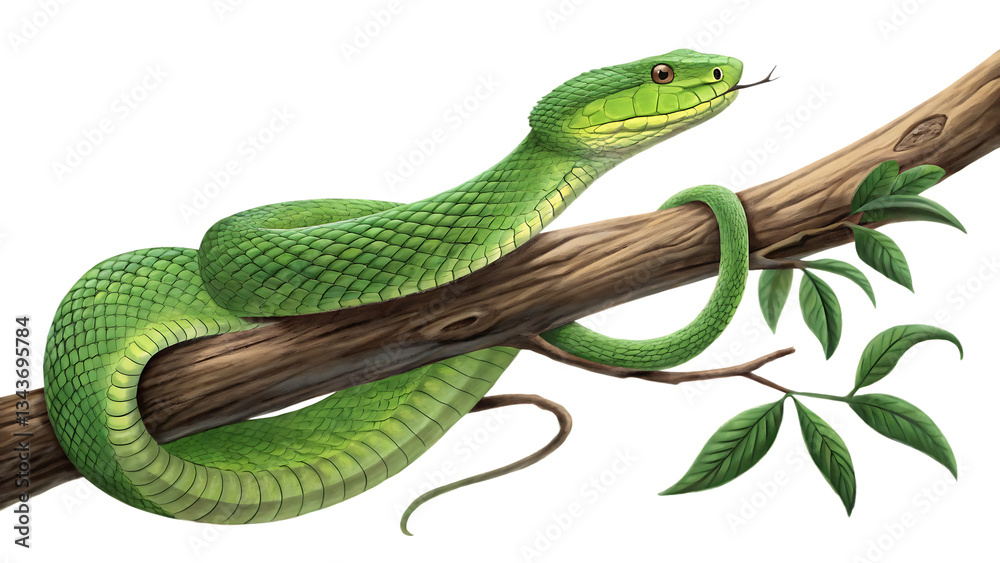 Obraz premium a green snake lying on a tree branch isolated on white background png. AI Generated
