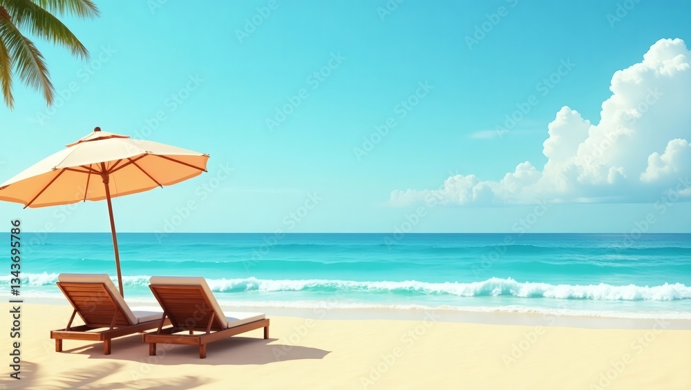 Obraz premium two wooden beach chairs, an umbrella, palm tree branches, with the beautiful ocean in the background, inviting you to relax and enjoy the tropical scenery