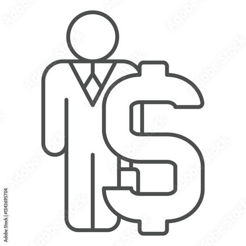 Huge dollar and businessman thin line icon, bank account concept. Vector graphics. Man with briefcase, deposit portfolio bag sign on white background, outline style icon for mobile or web design.