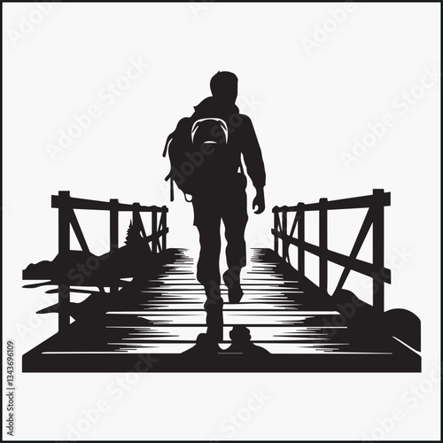 hiker crossing wooden bridge over stream