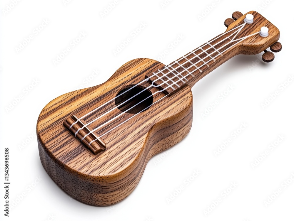 Fototapeta premium Dark brown ukulele isolated on white background. The ukulele has a wood grain texture and four strings.
