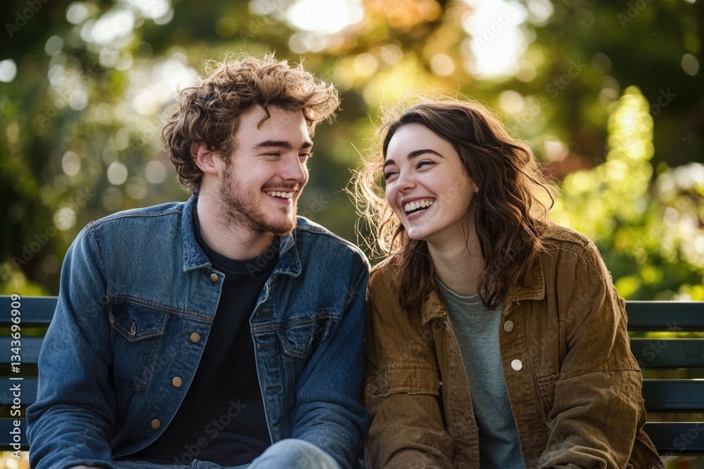 Fototapeta premium A happy young couple laughs together while sitting on a park bench on a sunny day.