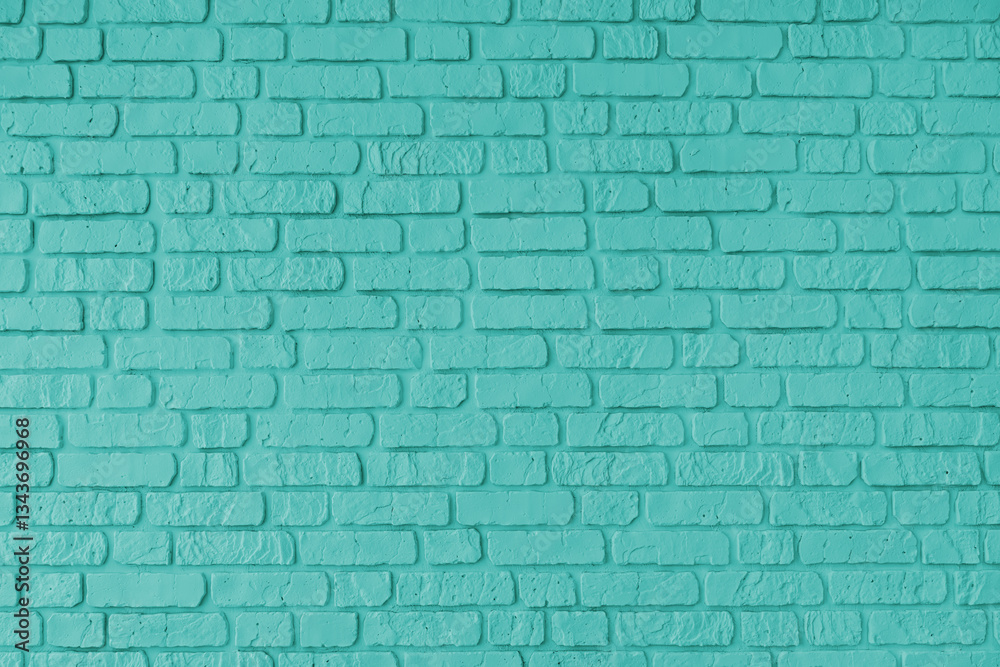 Obraz premium Turquoise color painted old brick wall texture, architecture brickwork building, masonry of stone blocks structure. Design element, wallpaper, horizontal background, banner, header.