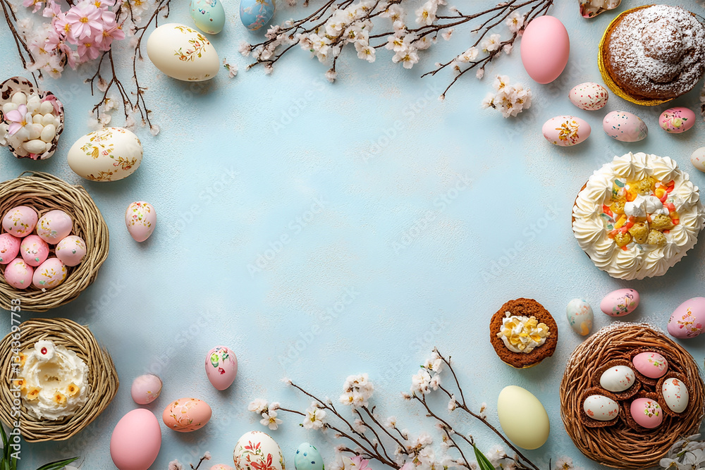 Obraz premium Frame for an Easter banner on a blue background. Willow branches, Easter eggs, traditional Easter cakes, decorated baskets, candles, and festive treats. There is free space for for text