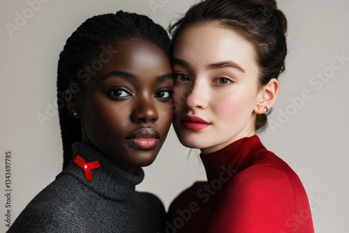 Close-up portrait of two young women with different skin tones, showcasing beauty and diversity.