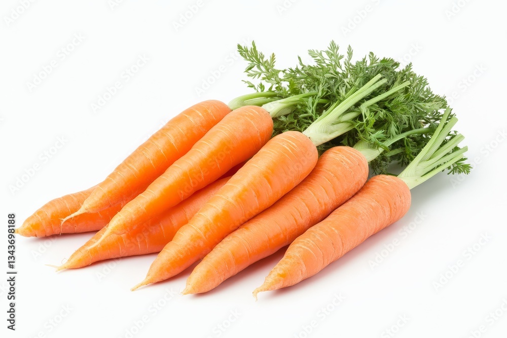 Fresh, vibrant carrots arranged in a bunch on a white background ready for use in cooking or salads Fresh, vibrant carrots arranged in a bunch on a white background ready for use in cooking or salads