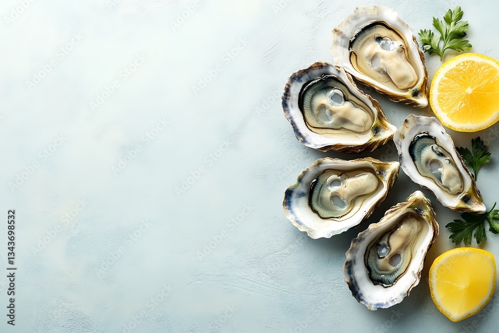 Freshly shucked oysters served with lemon wedges and garnished with parsley on a light blue background Freshly shucked oysters served with lemon wedges and garnished with parsley on a light blue background