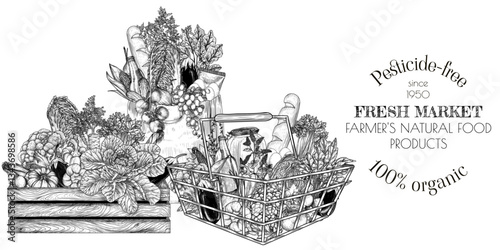Vector illustration for a grocery store. Vegetables in a wooden box, healthy food in a paper eco bag, grocery basket in the store. Template with farm products. Banner for fresh market