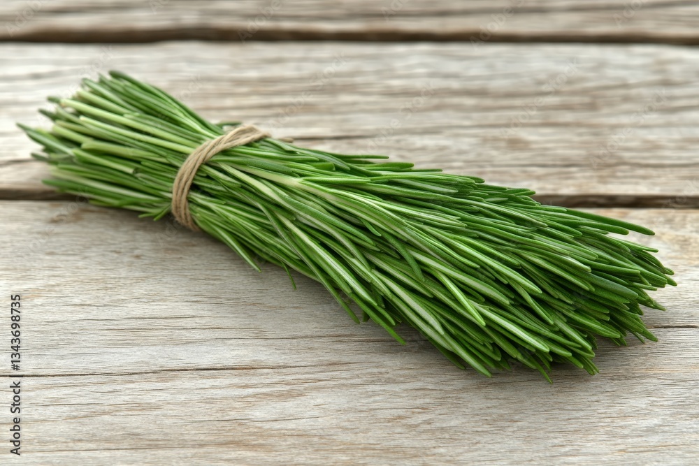 Freshly harvested chives arranged neatly on rustic wooden table in a bright kitchen setting Freshly harvested chives arranged neatly on rustic wooden table in a bright kitchen setting